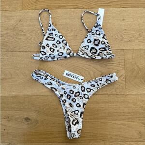 La Hana Swim - Animal Print Triangle Bikini Top & Bottoms in White Brown & Black